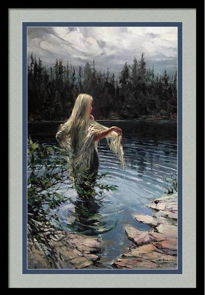 Framed print of an original oil painting depicting a woman rising from the water in a wilderness landscape.