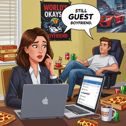 A cartoon-style image shows a woman in business attire working on a laptop at a cluttered desk, looking frustrated. Next to her, a relaxed man in casual clothes lounges in a gaming chair, surrounded by pizza boxes and soda cans. His laptop screen shows a guest login. A speech bubble from him says, "Still GUEST boyfriend." Behind them are posters, including one that reads "WORLD'S OKAYEST BOYFRIEND" and features a spaceship. The scene humorously contrasts the woman's professionalism with the man's laid-back attitude.