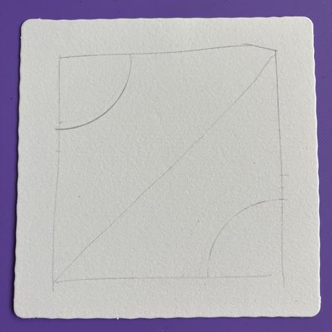 Pencil strig consisting of a square with a diagonal straight line and two small quarter circles in the corners no occupied by the straight line
