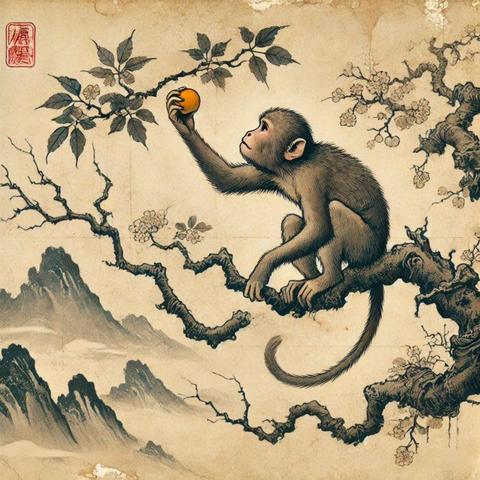 A monkey grasping at fruit — symbol of upādāna (clinging). In this image, generated by DALL•e and inspired by the aesthetic of classical Japanese emakimono, a monkey stretches toward a piece of fruit that remains just beyond its grasp. The motif allegorically represents upādāna, the ninth link in the chain of dependent origination (paṭicca-samuppāda) in Buddhist philosophy. upādāna, translated as clinging, grasping, or appropriation, is the mental act of attaching to objects, identities, or experiences under the illusion that they can provide lasting satisfaction. The monkey — traditionally a symbol of the restless and desirous mind in Buddhism — embodies this futile pursuit, suspended in a moment of tension between craving and attainment. The fruit, vivid and seemingly attainable, signifies the transient pleasures that sustain saṃsāra, the cycle of suffering and rebirth. Source: Created with DALL•E.