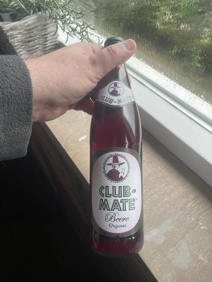 Someone holding a bottle of club mate berry taste