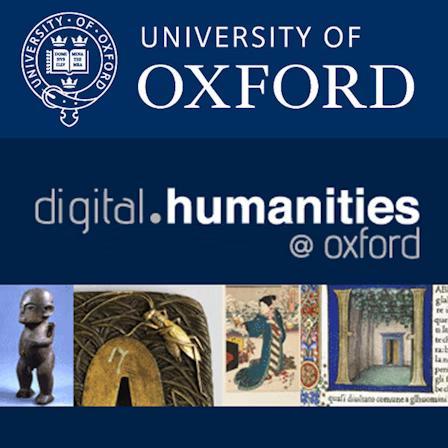 The text is overlaid on top in a clean, modern font, centered in the middle: University of Oxford
Digital.Humanities @ Oxford
As a cover there is a promotional graphic in blue color. There are four pictures of museum-like artifacts under the text, from left to right: an ancient human figurine, possibly for rituals; something woven with golden insect on it; a piece of traditional Japanese woodblock print, and a page probably taken from Medieval manuscript with a long balustrade covered with hanging flowers, leading us to the door of the house.