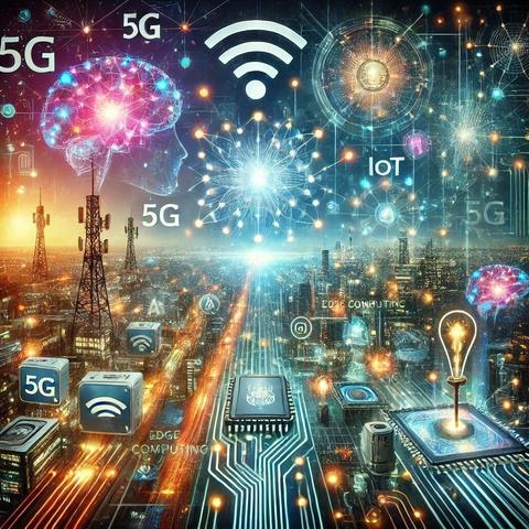 The image illustrates the convergence of AI, IoT, and telecom, highlighting their impact on edge computing and smart grids. A glowing grid structure represents real-time data exchange, with interconnected devices symbolizing IoT. A 5G tower signifies high-speed connectivity, while flowing light beams and circuits represent AI's role in processing data. The sleek, futuristic design emphasizes innovation in smart cities and energy infrastructure through these technologies. @HaroldSinnott
