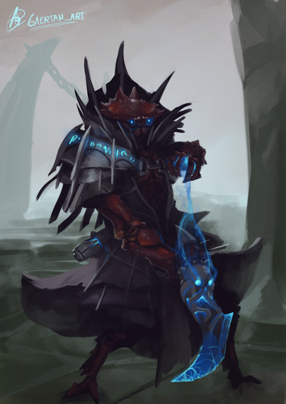 digital illustration depicting an anthropomorphic crab, wearing warlock apparel( a robe with spike-like adornments intertwined across the surface, as well as several rune-etched plates with a bigger/sleek version of the spikes as shoulderguards, and a big spiked collar. There's also a glowing metallic container strapped on the belt,, and the robe lets the chest be shown.) The crab appears to be enchanting their sword, while looking towards the camera, blue ligthning coming from their left arm, and eyes, and going across the blade, which has an octopus-shaped hilt.