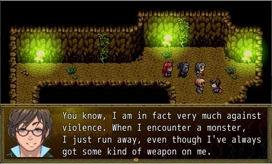 A screenshot from a retro-style role-playing game. It shows a cave with green-glowing mushrooms on the walls. The party members are standing facing a weapons merchant. There's a text window at the bottom, with the merchant's face and a text saying "You know, I am in fact very much against violence. When I encounter a monster, I just run away, even though I've always got some kind of weapon on me." 