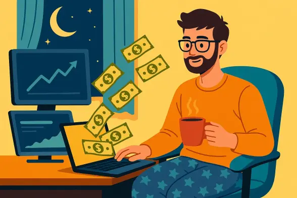 Illustration d’un freelance en pyjama gagnant de l’argent en ligne depuis chez lui, avec des billets sortant de l’écran de son ordinateur portable