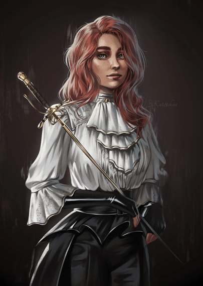 The image depicts a woman with long, wavy, reddish-brown hair, wearing a white blouse with ruffled layers and a high collar. The blouse has intricate lace details and is paired with black, high-waisted pants that have a glossy finish. She is holding a sword with a gold hilt and a black grip, which is slung over her shoulder. The background is dark, providing a stark contrast to her attire. The woman's expression is neutral, and she is looking slightly to the side. The overall style of the image is a digital illustration with a focus on detailed textures and shading.