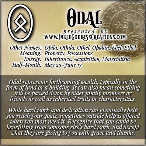 Black and white text is overlaid on a pale gold background with an ancient gold coin in the top right corner. The text defines the Norse rune Odal and its runic half-month, the rune's symbolism and magickal interpretation, and what to expect during this time. Presented by Inked Goddess Creations.