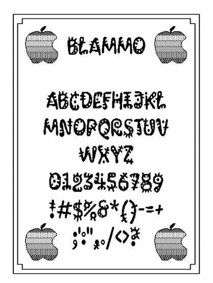 black and white Print Shop sign with old-school Apple logo and Blammo font sampler