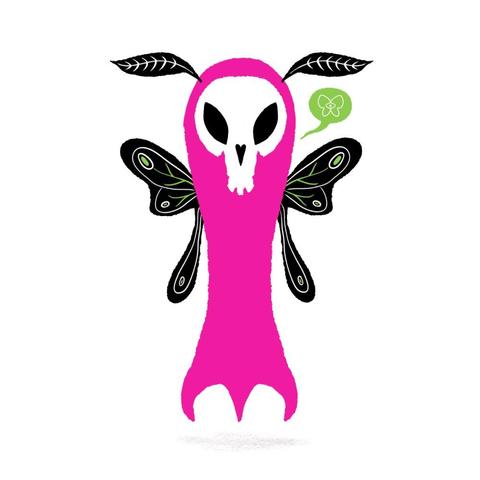 Simple illustration of a tall, pink, floating figure with black butterfly style wings and antenna, with a horse-like white skull. There is a green speech bubble on the right side of the figure, with a white butterfly/moth symbol inside.