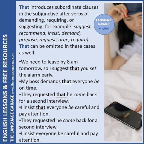 English grammar note on the uses of that to introduce subjunctive clauses, image of a person looking at a cell phone