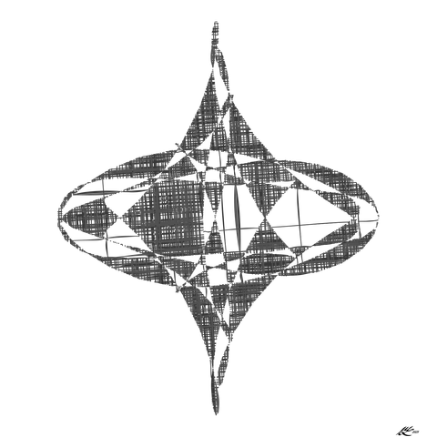 A broadly symmetrical (top/bottom and left/right) twisting shape with regions filled with irregular dark-grey cross-hatching. It isn't exactly symmetrical from left-to-right once you focus on the details of the shape. It is pointed at the top and bottom and flares out in broad curves on the sides, rather like a top.

