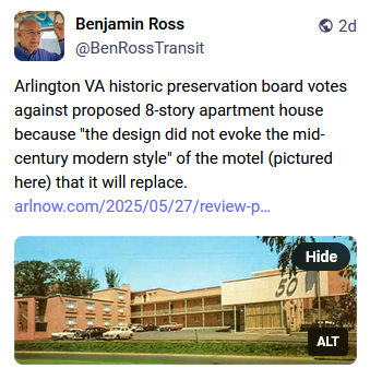 Builder of 8-story apartment house told to redesign project to match style of nondescript 1950s motel it will replace.