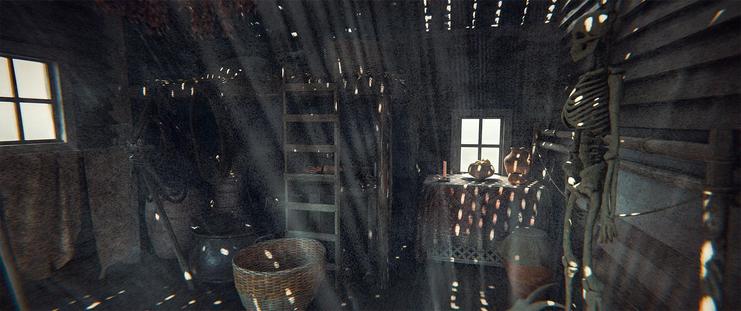 Wide shot, interior, day -

Inside one of the huts in Giant Village. It is filled with baskets, jars and materials, with a hay-covered loft to one side, a human skeleton on the back wall, and a statue of a strange female figure with a tail for legs in the back right corner, ringed by candles and strange symbols painted on the floor.  There is what looks like the skeleton of a whale hanging from the ceiling, with hundreds of red paper streamers attached to it and hanging down underneath.