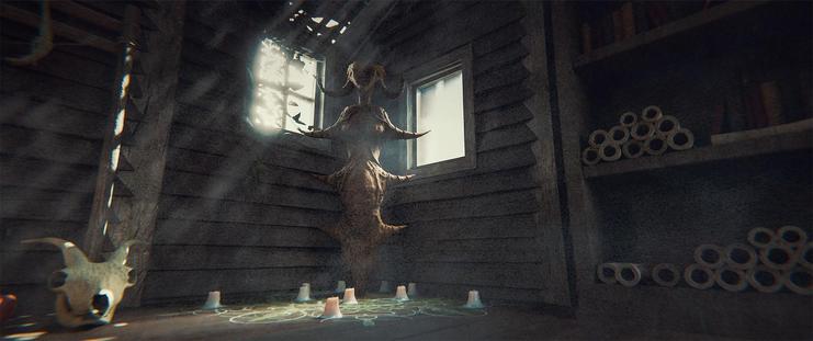 Medium shot, interior, day -

Inside one of the huts in Giant Village. It is filled with baskets, jars and materials, with a hay-covered loft to one side, a human skeleton on the back wall, and a statue of a strange female figure with a tail for legs in the back right corner, ringed by candles and strange symbols painted on the floor.  There is what looks like the skeleton of a whale hanging from the ceiling, with hundreds of red paper streamers attached to it and hanging down underneath.