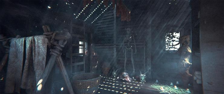 Wide shot, interior, day -

Inside one of the huts in Giant Village. It is filled with baskets, jars and materials, with a hay-covered loft to one side, a human skeleton on the back wall, and a statue of a strange female figure with a tail for legs in the back right corner, ringed by candles and strange symbols painted on the floor.  There is what looks like the skeleton of a whale hanging from the ceiling, with hundreds of red paper streamers attached to it and hanging down underneath.