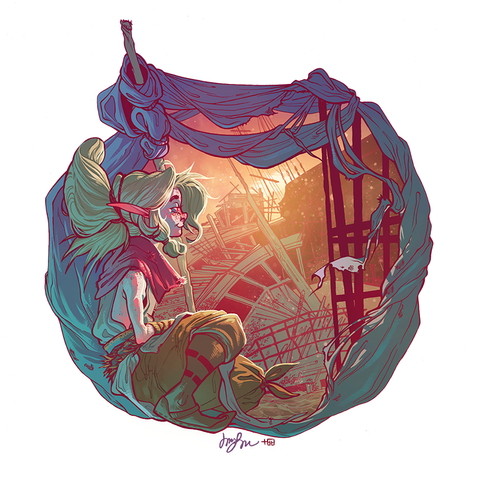 Digital illustration of a Dal from Rising Sand. She's sitting in a round window, framed by scraps of fabric and wooden poles. She's looking out over a ruined dock.