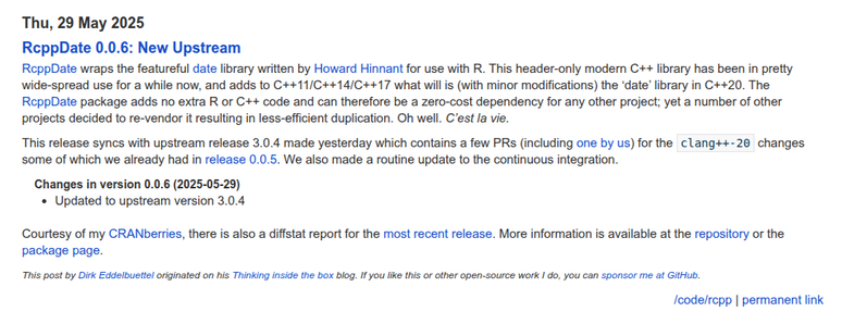 Screenshot of blog post at https://dirk.eddelbuettel.com/blog/2025/05/29#rcppdate_0.0.6 describing release 0.0.6 of CRAN package RcppDate