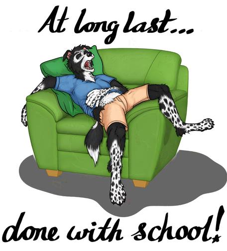 An anthro border collie in an azure-blue tee shirt and beige short pants sleeps on a chair on his back, with his right arm over the right arm of the chair, his left arm draped across his belly, his left leg over the left arm of the chair, and his right leg down in front of the chair.  He seems to be snoring loudly.  In cursive, above and below the image is a caption.  "At long last... done with school!"