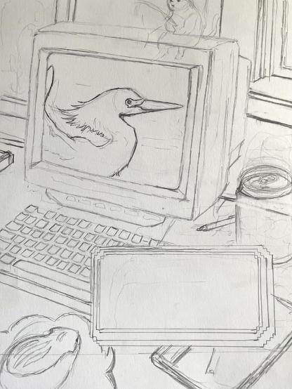 A drawing of a 90s computer monitor with an image of an egret on it, a keyboard, a mouse, a can of soda