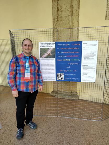 Daniel Mietchen in front of the poster "Open Scholarly Metadata for Sharing the Nuances of Research Processes" presented at the Workshop on Open Citations in Bologna on 29 May 2025.