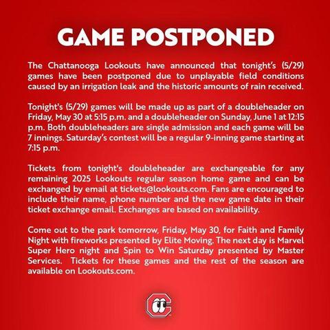 #RainOut --- Field conditions not good at AT&T Field in downtown #ChattanoogaTN so tonight's game between the hometown #Lookouts and the visiting #ColumbusClingstones is postponed.