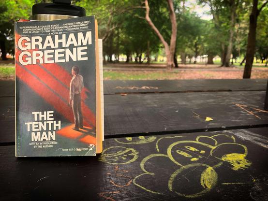 Paperback copy of the novel The Tenth Man by Graham Greene, on a picnic table with trees in the background