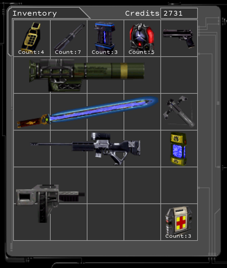 An inventory screen containing:
Mini-Crossbow
Light Anti-Tank Weapon (LAW)
Assault Shotgun
Dragon's Tooth Sword
Sniper Rifle
Scramble Grenade
Lightweight Attack Munitions (LAM) (Count: 5)
Electromagnetic Pulse (EMP) Grenade (Count: 3)
Lockpick (Count: 7)
Multitool (Count: 4)
Medkit (Count: 3)
Pistol
