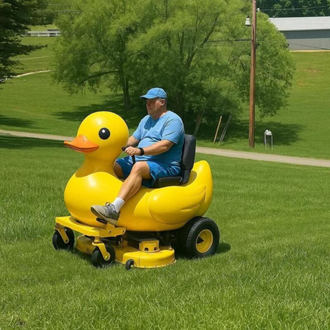 Picture of a man riding a lawn mower which looks like a duck.