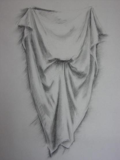 Charcoal sketch of a cloth draped on a wall.