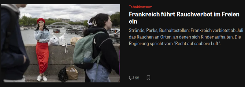 Frankreich führt Rauchverbot im Freien ein

Strände, Parks, Bushaltestellen: Frankreich verbietet ab Juli das Rauchen an Orten, an denen sich Kinder aufhalten. Die Regierung spricht vom "Recht auf saubere Luft".

30. Mai 2025, 1:42 Uhr
Quelle: ZEIT ONLINE, AFP