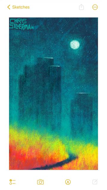 A small, dark path winds through a blazing red meadow. Even though it's at night, the grass in the meadow is bright red and yellow, fading to neon greenish on the horizon. Looming up in the distance are the dark hulks of what look like apartment buildings. There are no lights or lit windows anywhere on them. A full moon sits in the dark blue-green sky, surrounded by stars. The painting is signed "Chris Silverman". 
