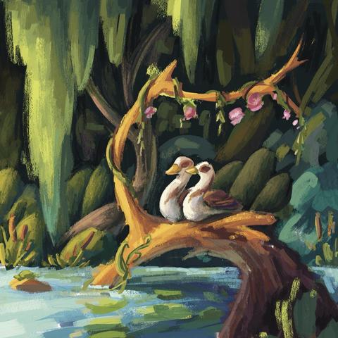 Unfinished digital illustration: two happy Egyptian geese are sitting on the bent trunk of a dead tree peaking out of water. The dense greenery in the background looks dark and gloomy, but the warm sunbeam that’s hitting the birds give a magical look to the scene.