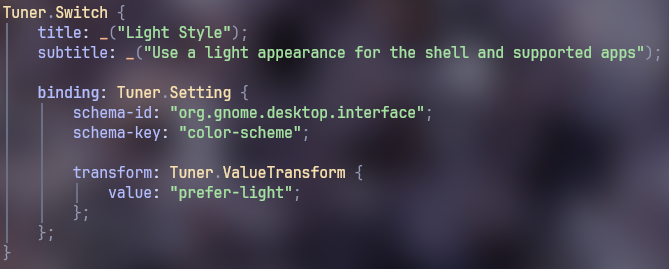 Blueprint syntax example that shows creation of switch widget that is binded to GSettings and transforms switch boolean value to GSettings string value if true and resets value otherwise