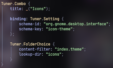 Blueprint syntax example that shows creation of combo widget that is binded to GSettings and loads choices from contents of system data dirs if theirs childs contains content filter