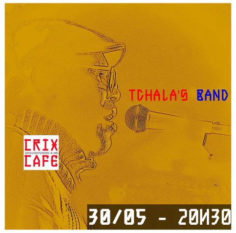 Dessin représentant Tchala qui chante au micro. 20h30 au Crix café à St Gilles, Bruxelles