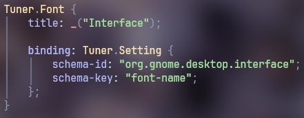 Blueprint syntax example that shows creation of font chooser widget that is binded to GSettings and displays preview of current selected font.