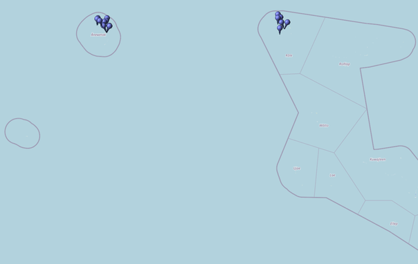 Kartierung aller Koordinaten von "Operation Redwing (Atomtest)" im Testgebiet Bikini- und Eniwetok-Atoll
Quelle: OpenStreetMap
Lizenz: Open Data Commons Open Database-Lizenz (ODbL)
