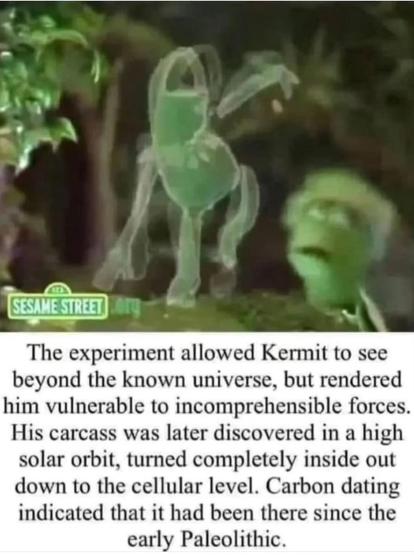 Image: screenshot of Kermit the frog with a weird filter on it
Text: the experiment allowed Kermit to see beyond the known universe but rendered him vulnerable to incomprehensible forces. His carcass was later discovered in a high solar orbit turned completely inside out down to the cellular level. Carbon dating indicated that he was there since the early paleolithic.