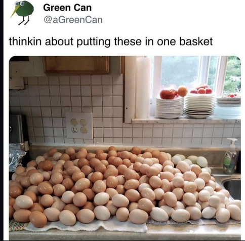 Text: thinking about putting these in the one basket.
Pictures: a hundred eggs next to a sink