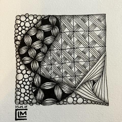 Four different Zentangle patterns fill various areas of a square divided up by an ampersand string
