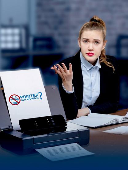 Image showing Printer Not Working's logo and a business woman want to fix her printer's offline issues 
