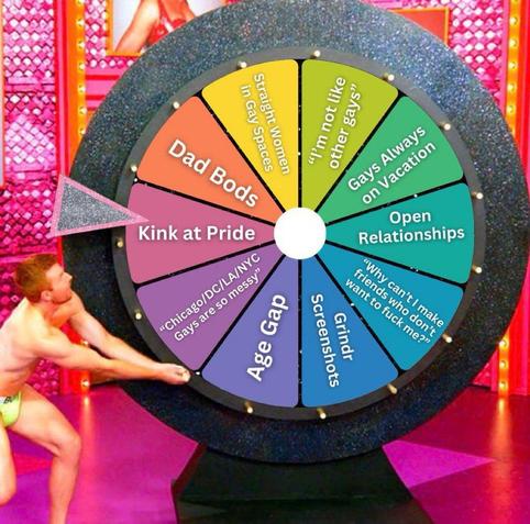 drag race wheel but the texts are edited with pride month discourse such as kink at pride, open relationships and etc