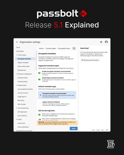 Passbolt Release 5.1 Explained banner with UI screenshot of Organisation Settings highlighting Encrypted Metadata options.