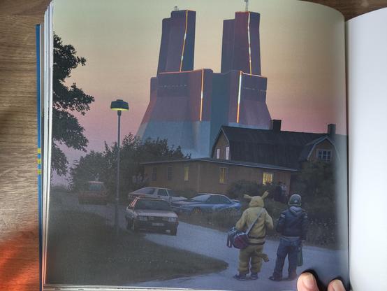 An illustration from "Swedish Machines: Sunset at Zero Point" by Simon Stålenhag showing a cyberpunk style building in the background overshadowing a suburban Swedish scene, with a teenager dressed as Pikachu.