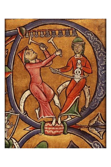 Two seated medieval musicians unashamedly playing instruments.