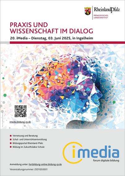 Plakat zur iMedia Praxis und Wissenschaft im Dialog, illustriert durch eine farbenfrohe kaleidoskop-artig verfremdete Gesichtssilhouette