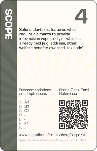 Image of the DBD Cornucopia Four of Scope card with text 'Sofia undertakes features which require claimants to provide information repeatedly or which is already held (e.g. address, other welfare benefits awarded, tax code)'