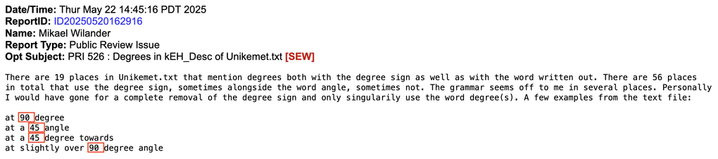 Example of degree sign ° character getting stripped out from a PRI 526 report