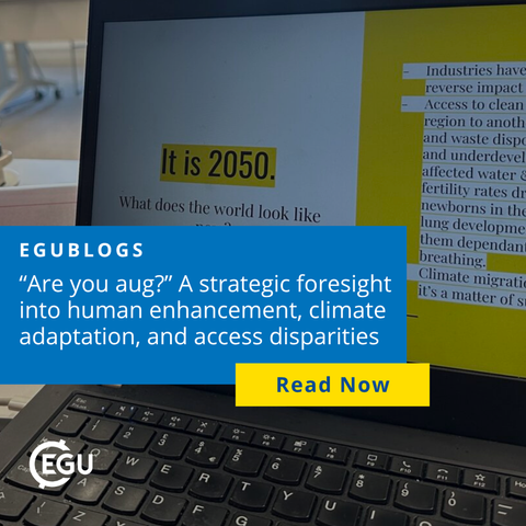 Image description: A laptop screen displaying a webpage with the headline "It is 2050. What does the world look like? With text reading: " “Are you aug?” A strategic foresight into human enhancement, climate adaptation, and access disparities. Read now". 